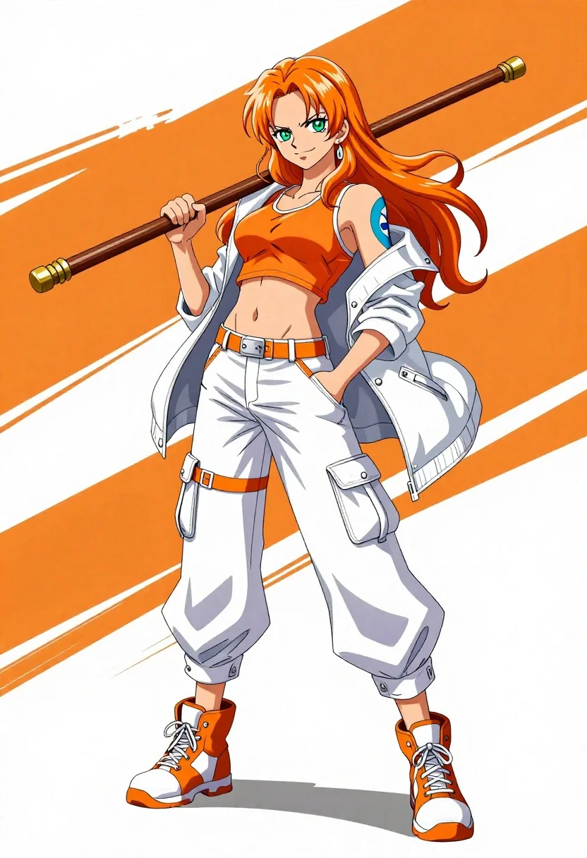 Confident anime woman with orange hair holding a wooden staff in sports - AI generated image prompt sample