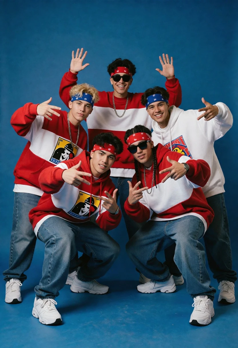 Five young men in 90s hip hop style posing dynamically against blue - AI generated image prompt sample