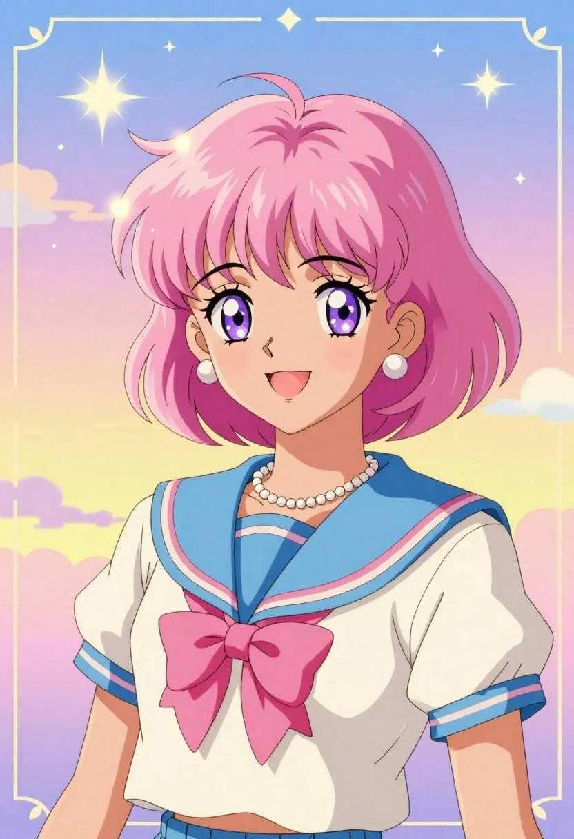 Anime girl in pastel school uniform under colorful sky