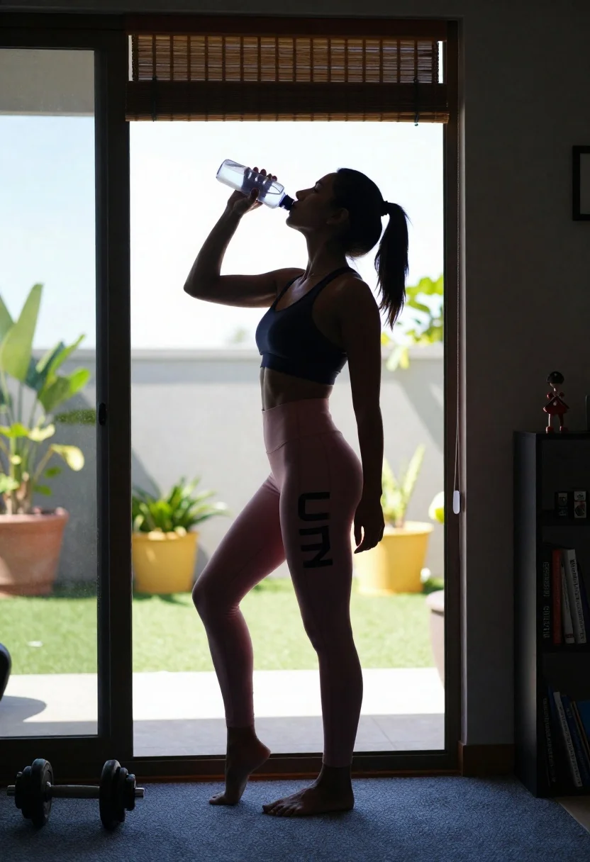 Silhouette of woman drinking water by window blinds indoors