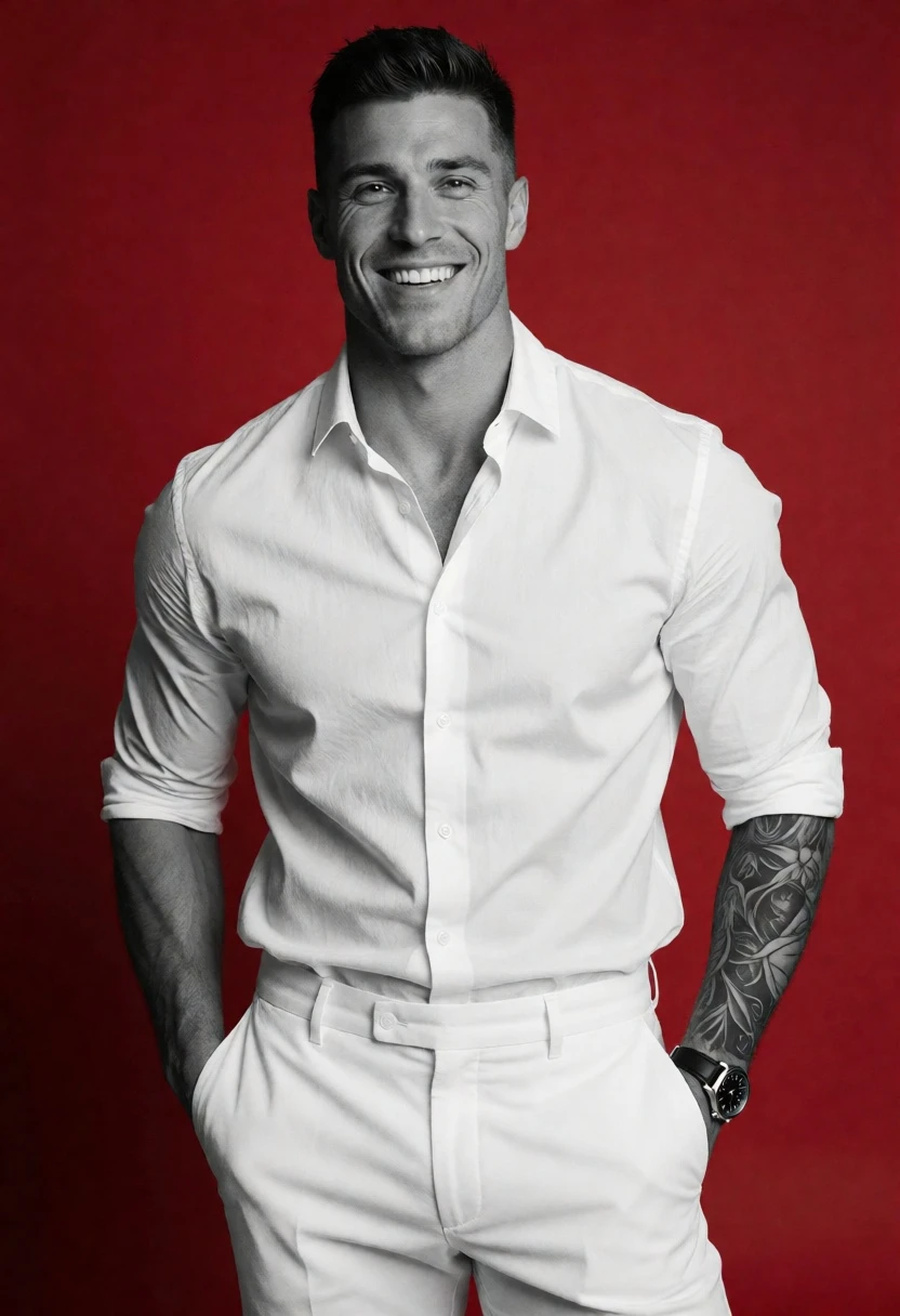 Muscular man in white shirt against bold red backdrop with selective color - AI generated image prompt sample
