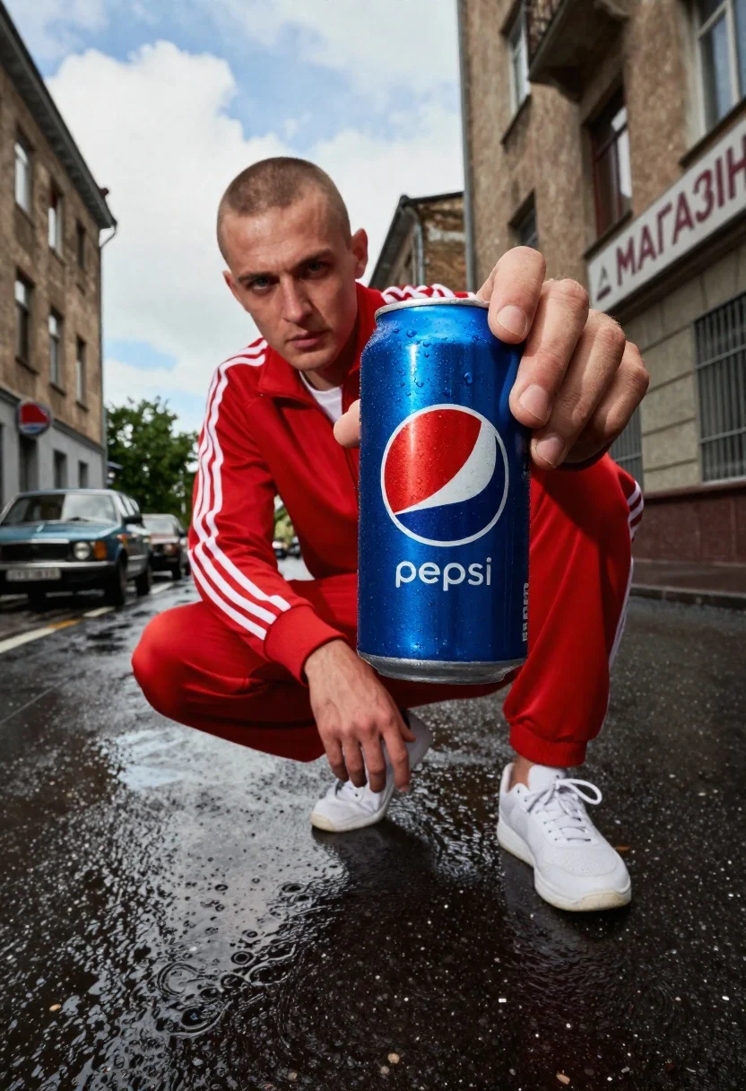 Low angle shot of man crouching in wet urban street holding pepsic - AI generated image prompt sample
