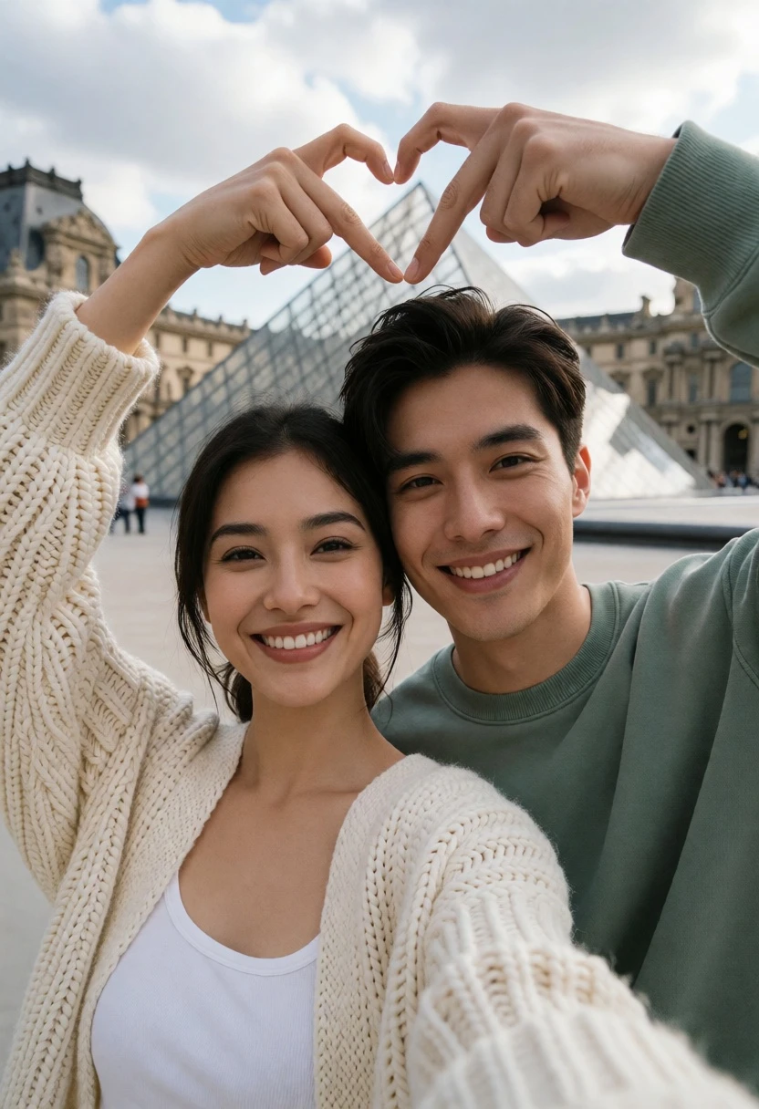 Couple taking a selfie in front of the louvre pyramid architecture - AI generated image prompt sample