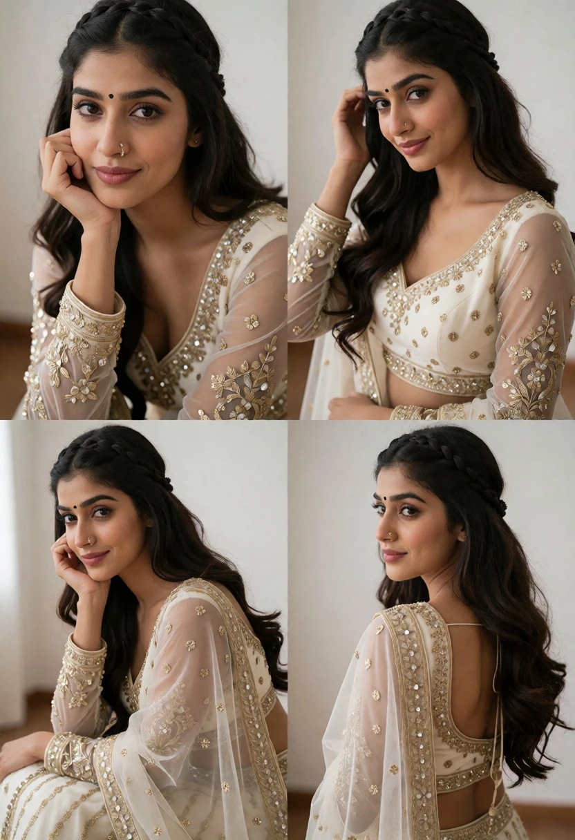 Portrait of young woman in ornate cream lehenga choli against minimalist background - AI generated image prompt sample