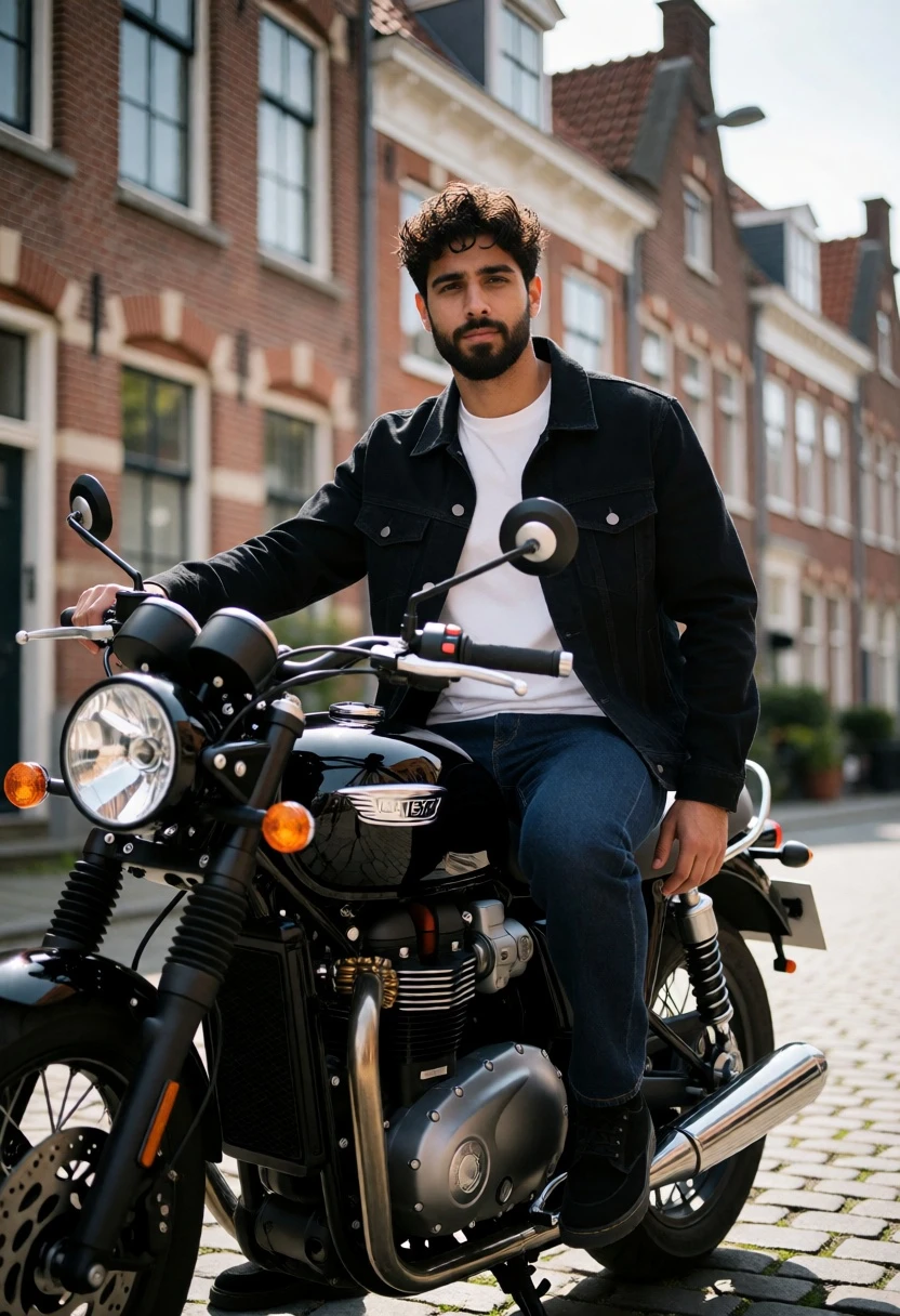 Man sitting confidently on a black motorcycle on cobblestone european street - AI generated image prompt sample