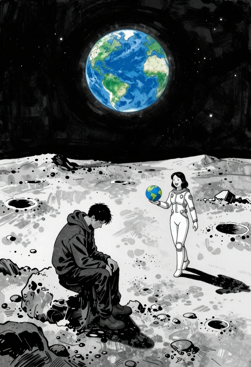 Man and woman on moonscape under starry sky - AI generated image prompt sample
