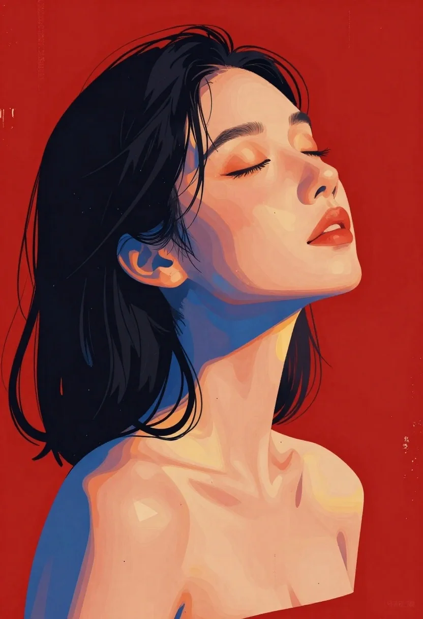 Asian woman profile against vibrant red background