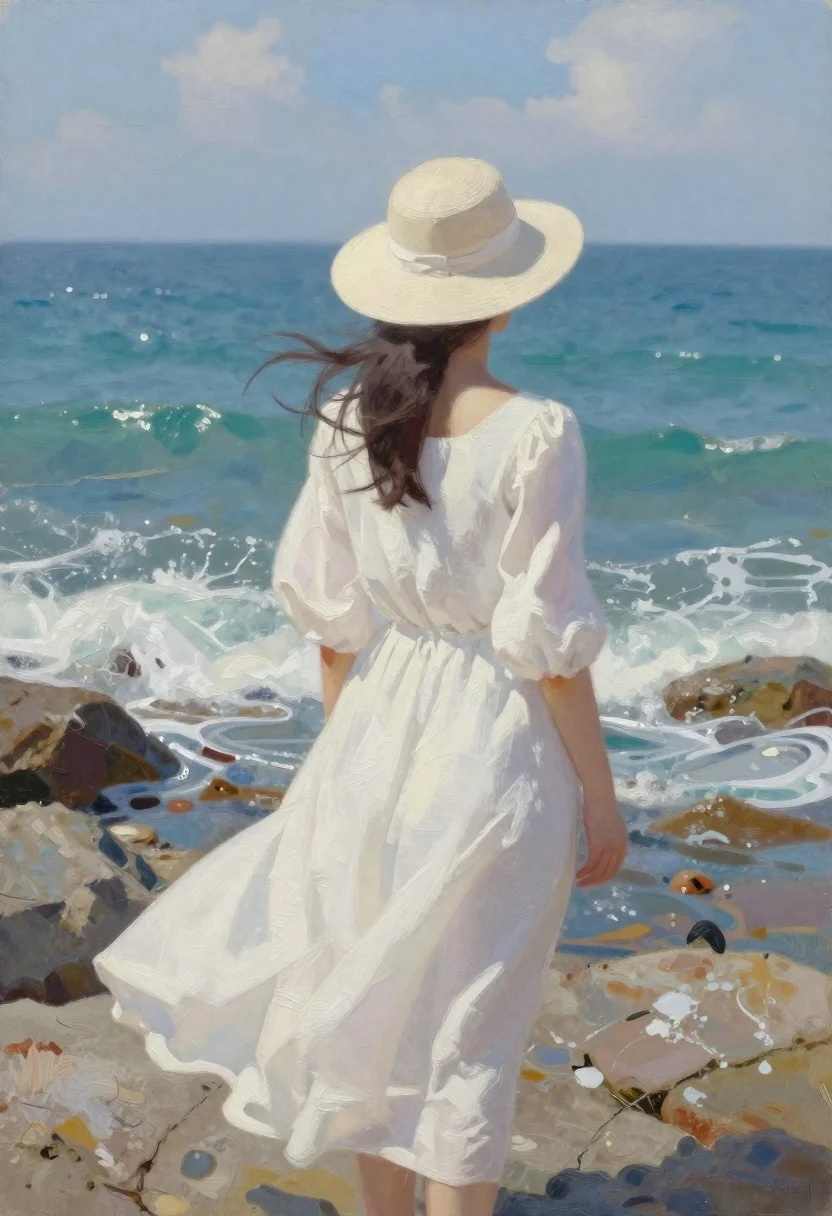 Woman in white dress on rocky shoreline by ocean - AI generated image prompt sample