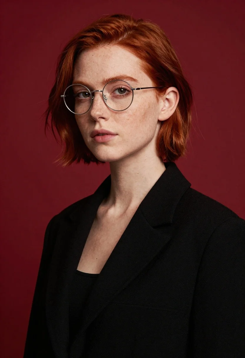 Portrait of young woman with red hair wearing glasses against deep red - AI generated image prompt sample