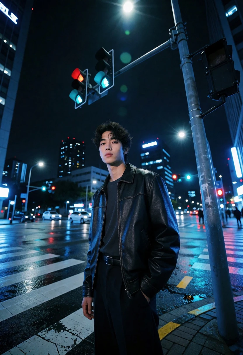 Young man in black leather jacket on wet city street under blue - AI generated image prompt sample