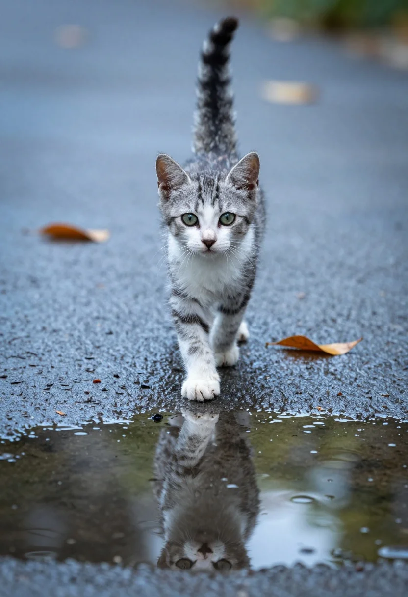 Small grey tabby kitten walking on wet asphalt near fallen orange leaves - AI generated image prompt sample
