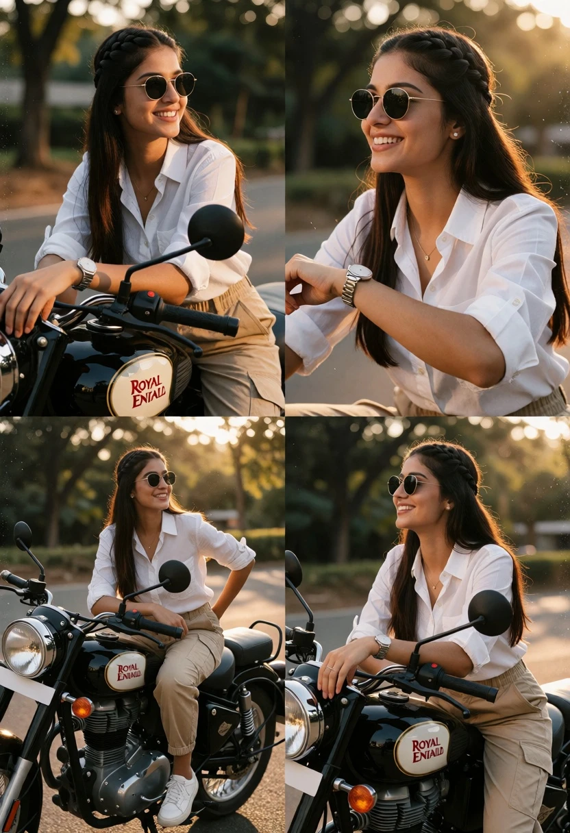 Young woman with dark braided hair on black motorcycle at golden hour - AI generated image prompt sample