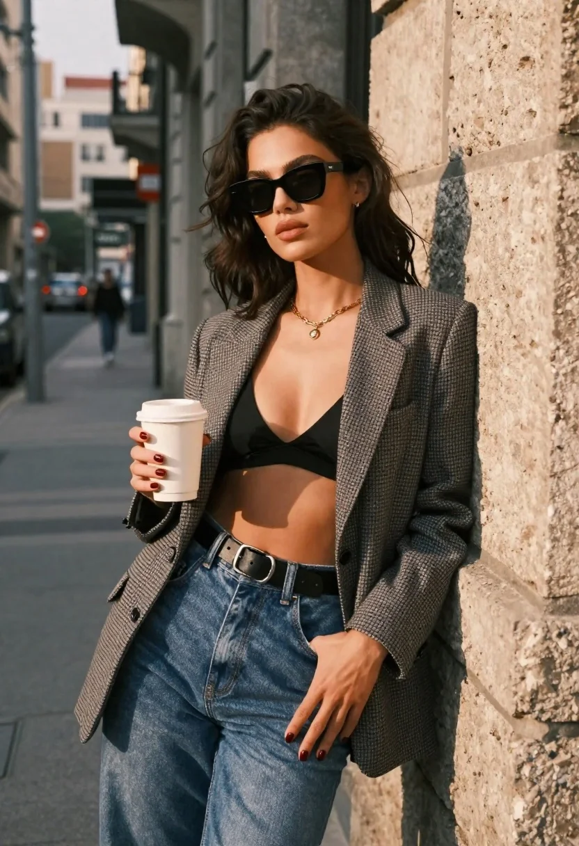 Stylish woman leaning against stone wall in an urban alleyway setting