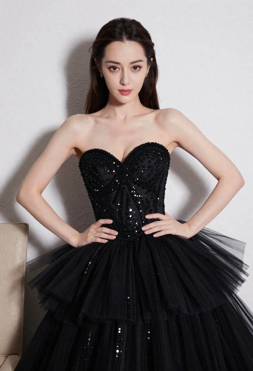 Glamorous woman in black beaded gown seated against textured white wall