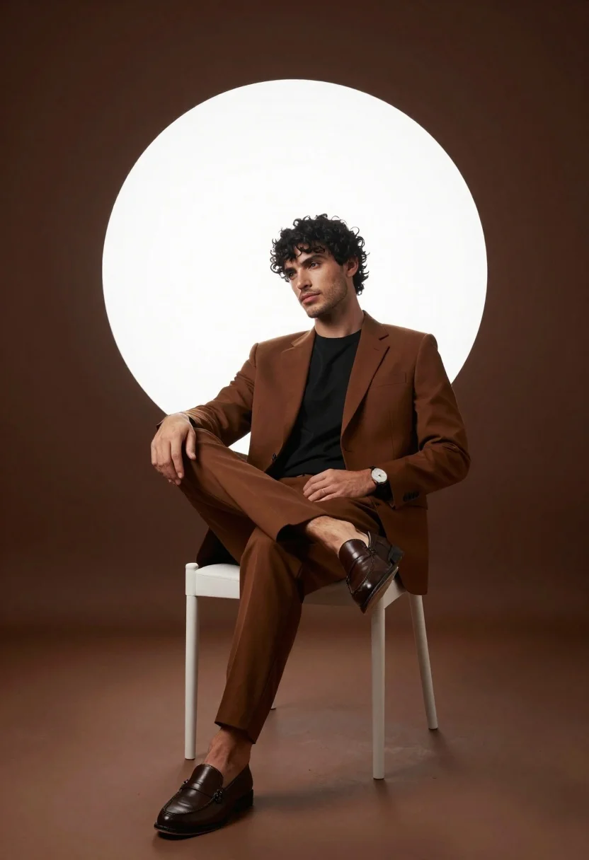 Handsome young man in brown suit sitting on white chair studio portrait - AI generated image prompt sample