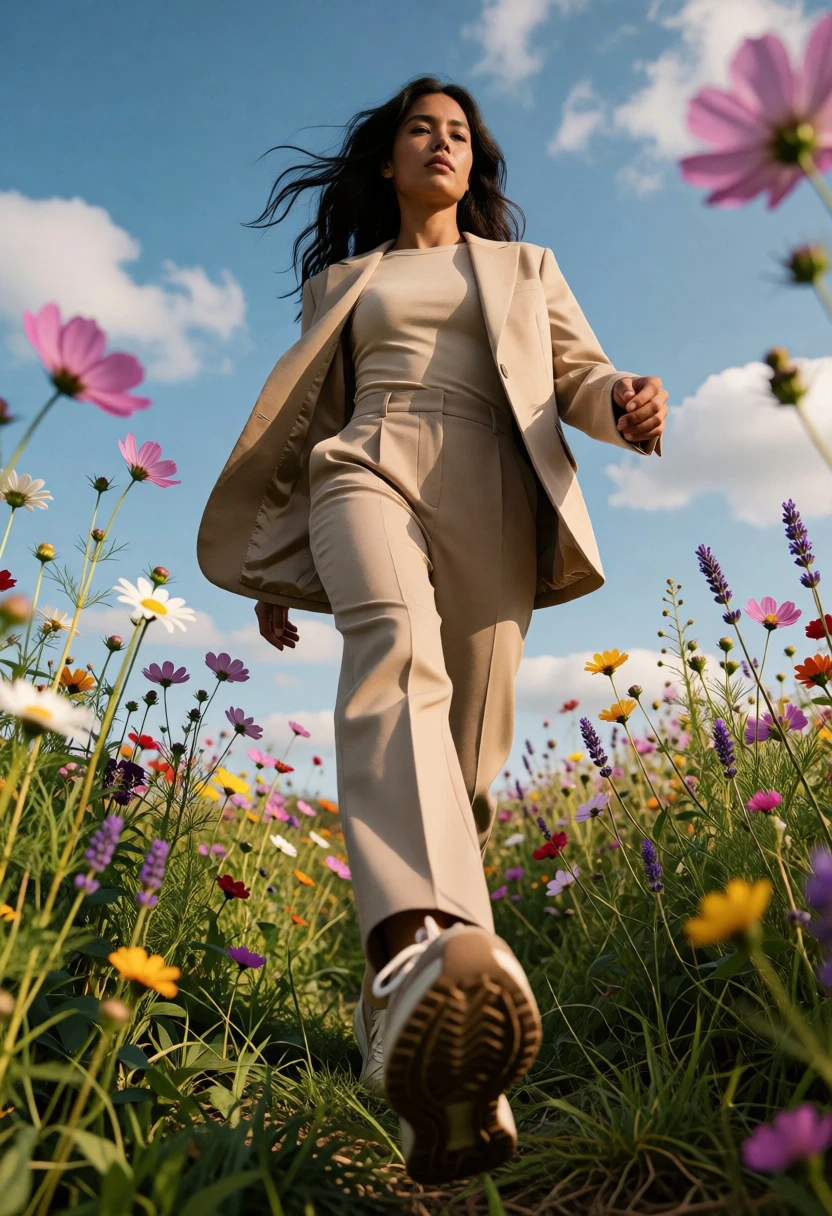 Woman walking through wildflowers meadow at low angle under bright blue sky - AI generated image prompt sample