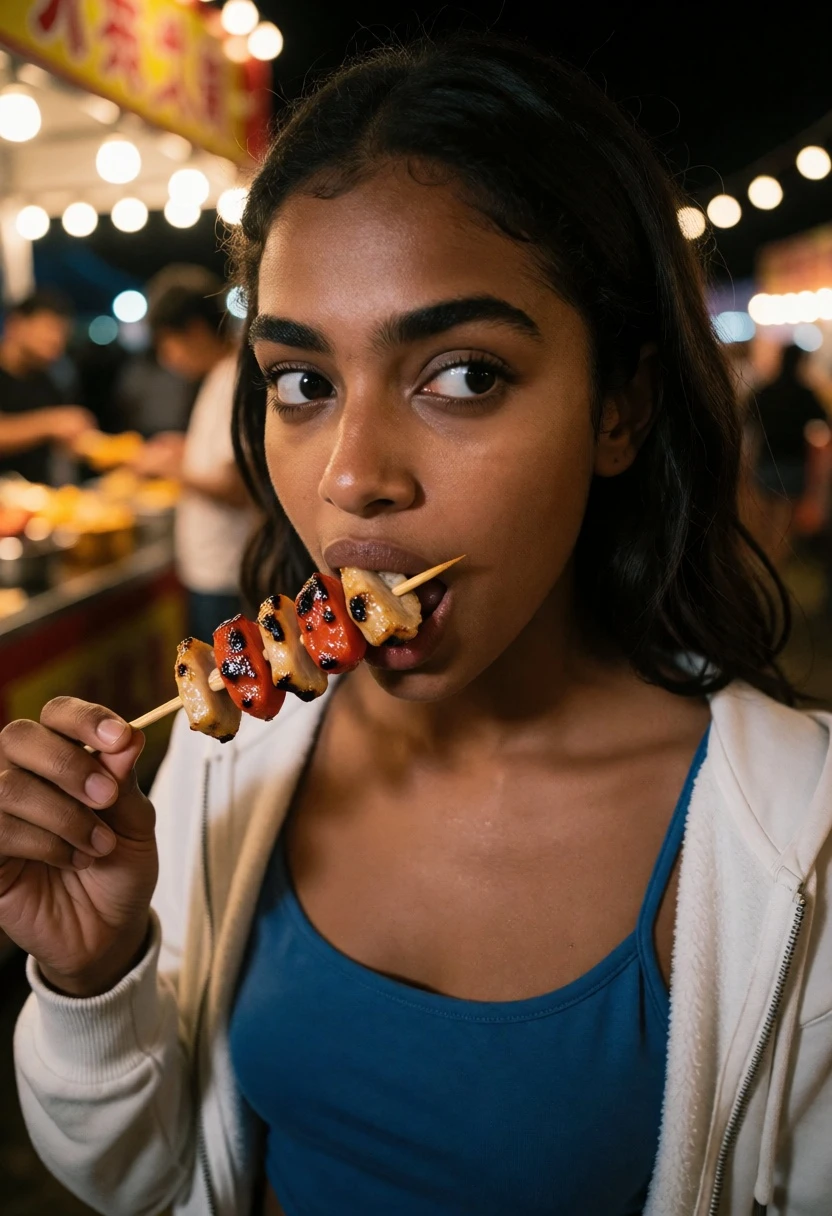 Close up portrait of dark skinned woman eating food at night market - AI generated image prompt sample