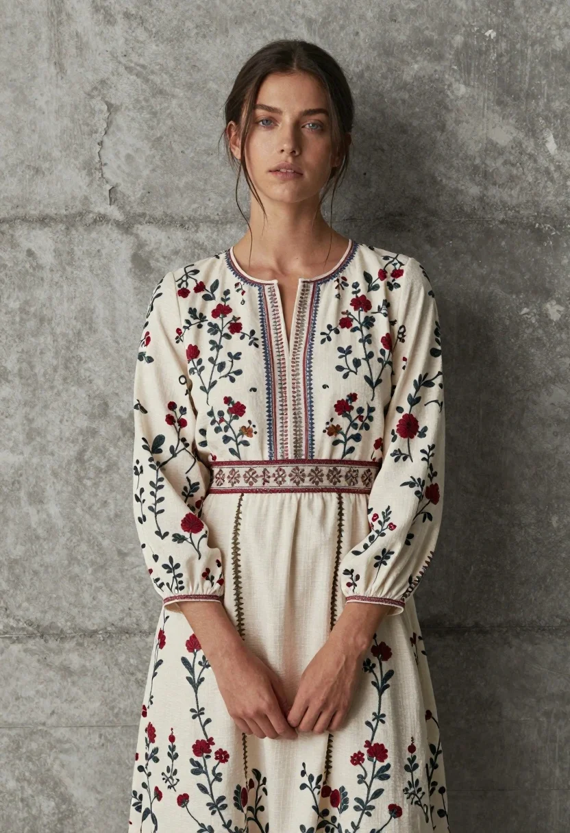 Young woman in floral dress against textured grey concrete wall - AI generated image prompt sample