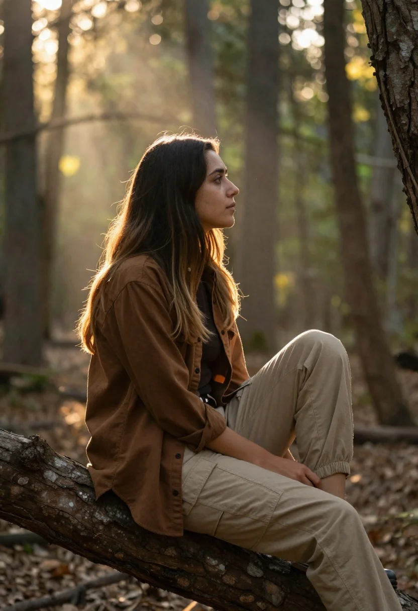 Young woman in earth tones sitting on tree branch in sunlit forest - AI generated image prompt sample