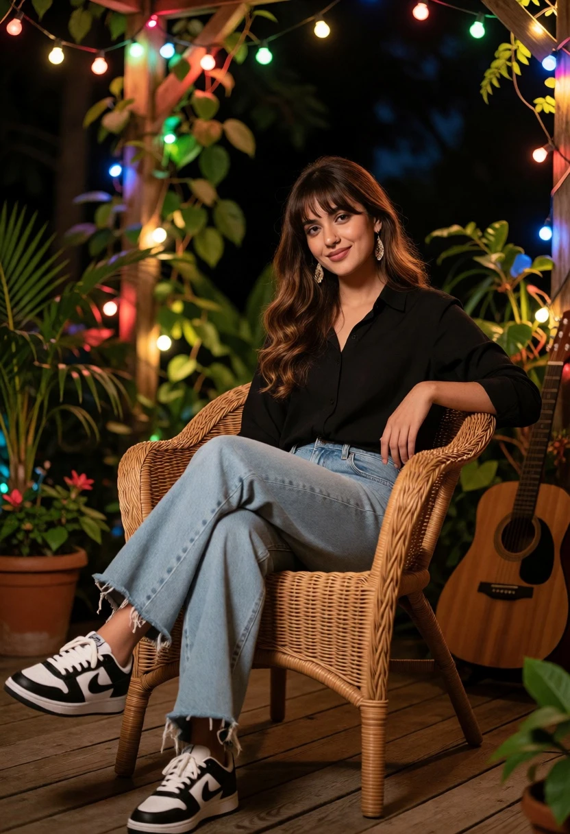 Young woman sitting in wicker chair on wooden deck at night - AI generated image prompt sample