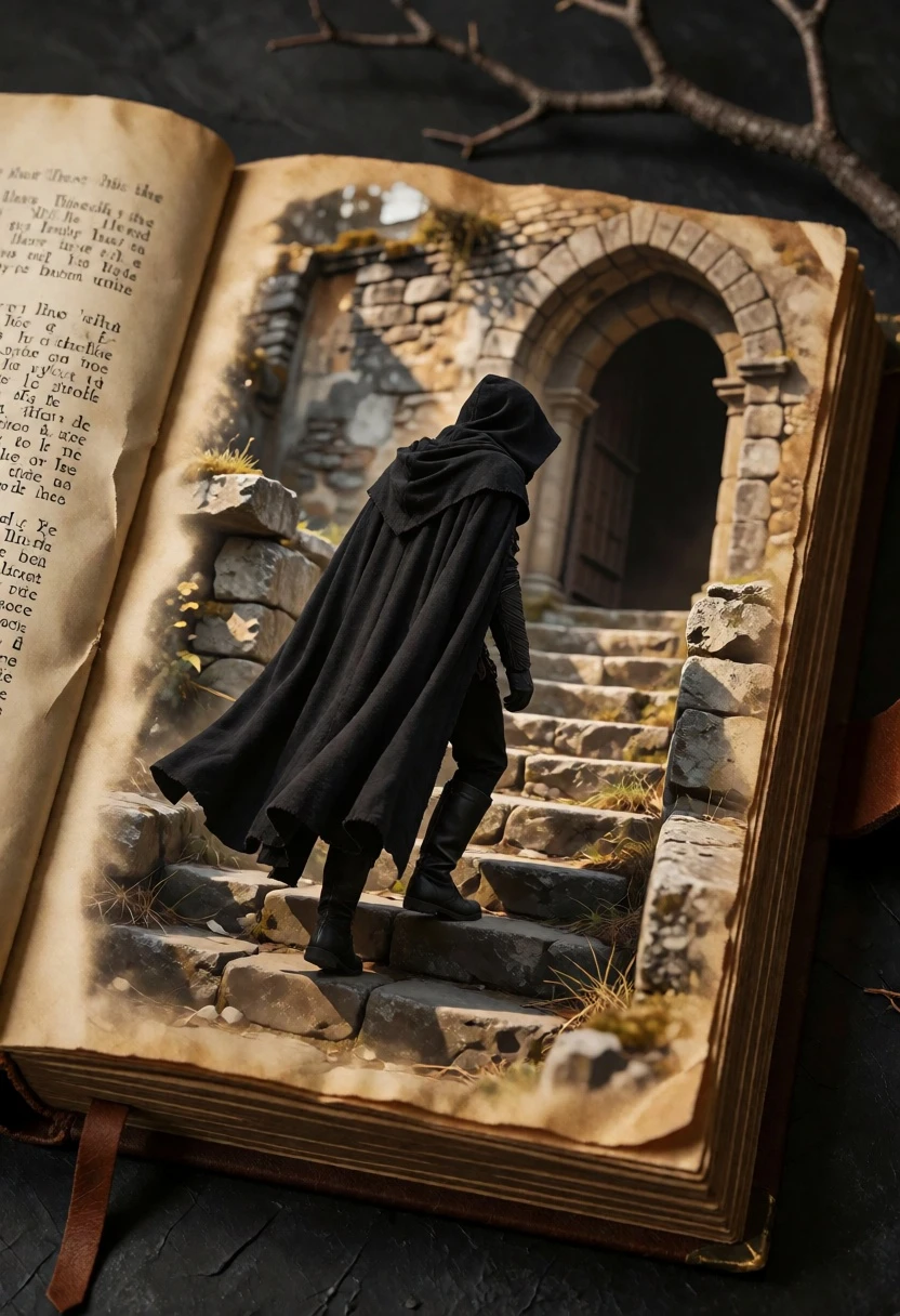 Mysterious hooded figure ascending stone stairs through an open vintage book portal - AI generated image prompt sample