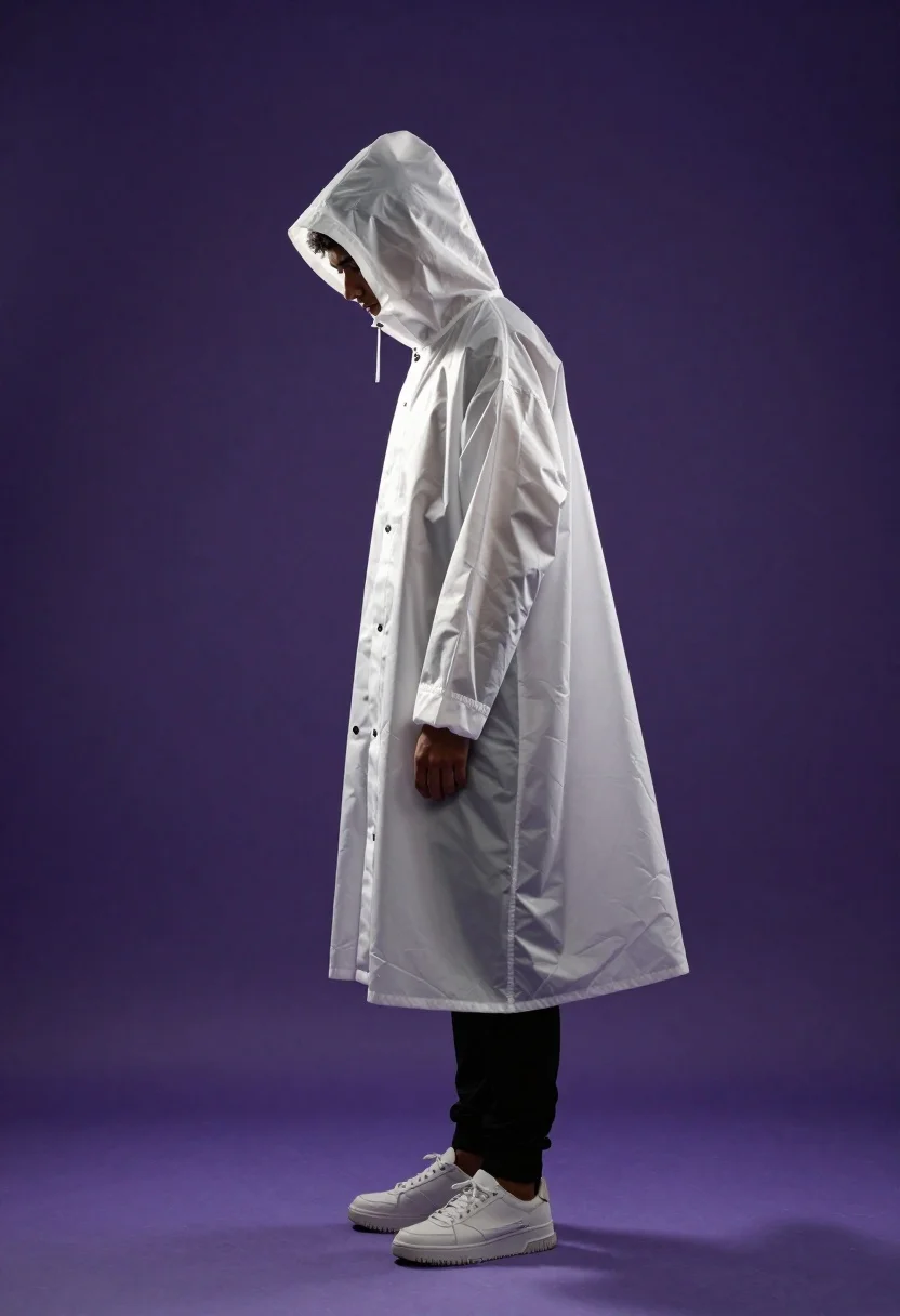 Figure in white poncho against deep violet background