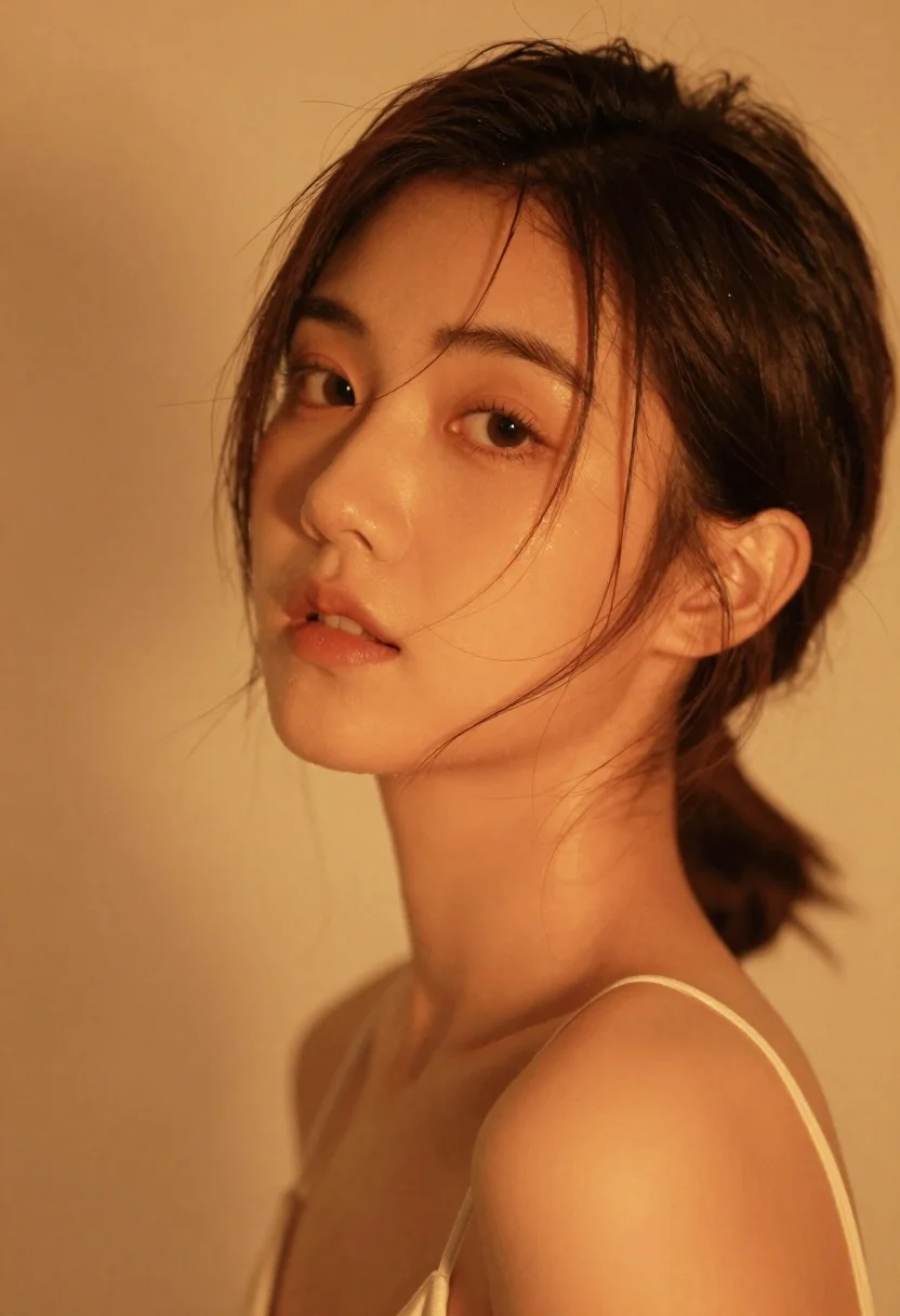 Portrait of asian woman in warm monochromatic orange light - AI generated image prompt sample