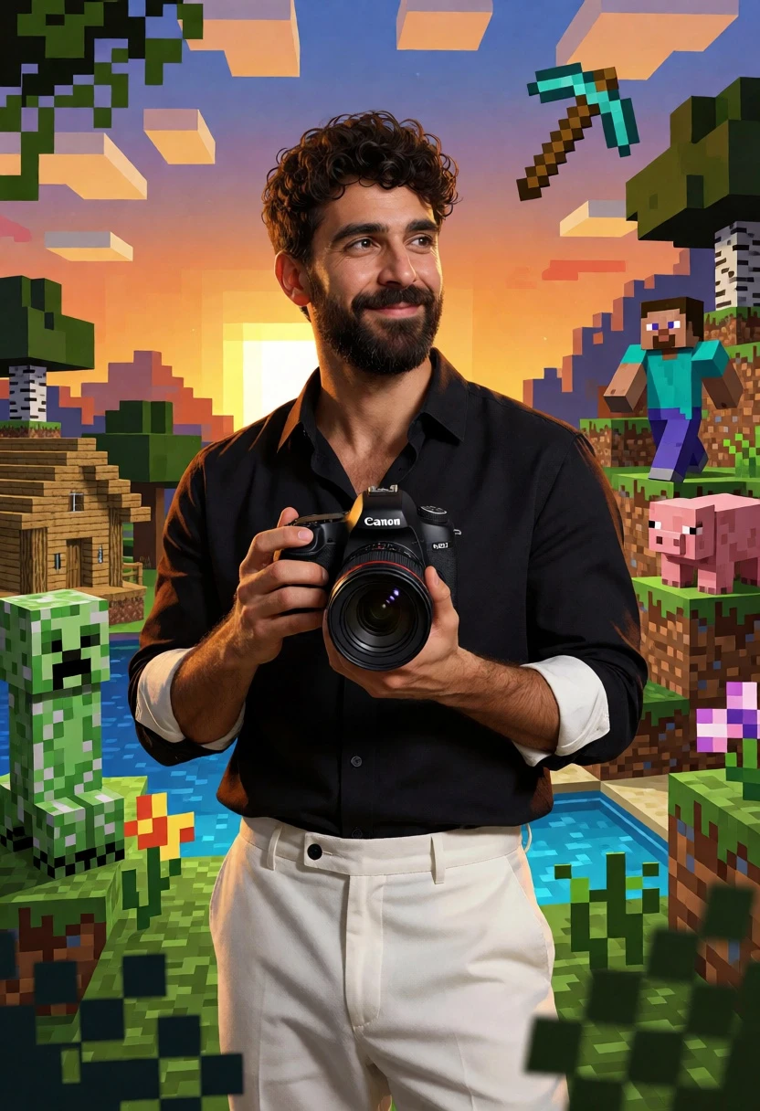 Man holding camera in vibrant minecraft landscape at golden hour - AI generated image prompt sample