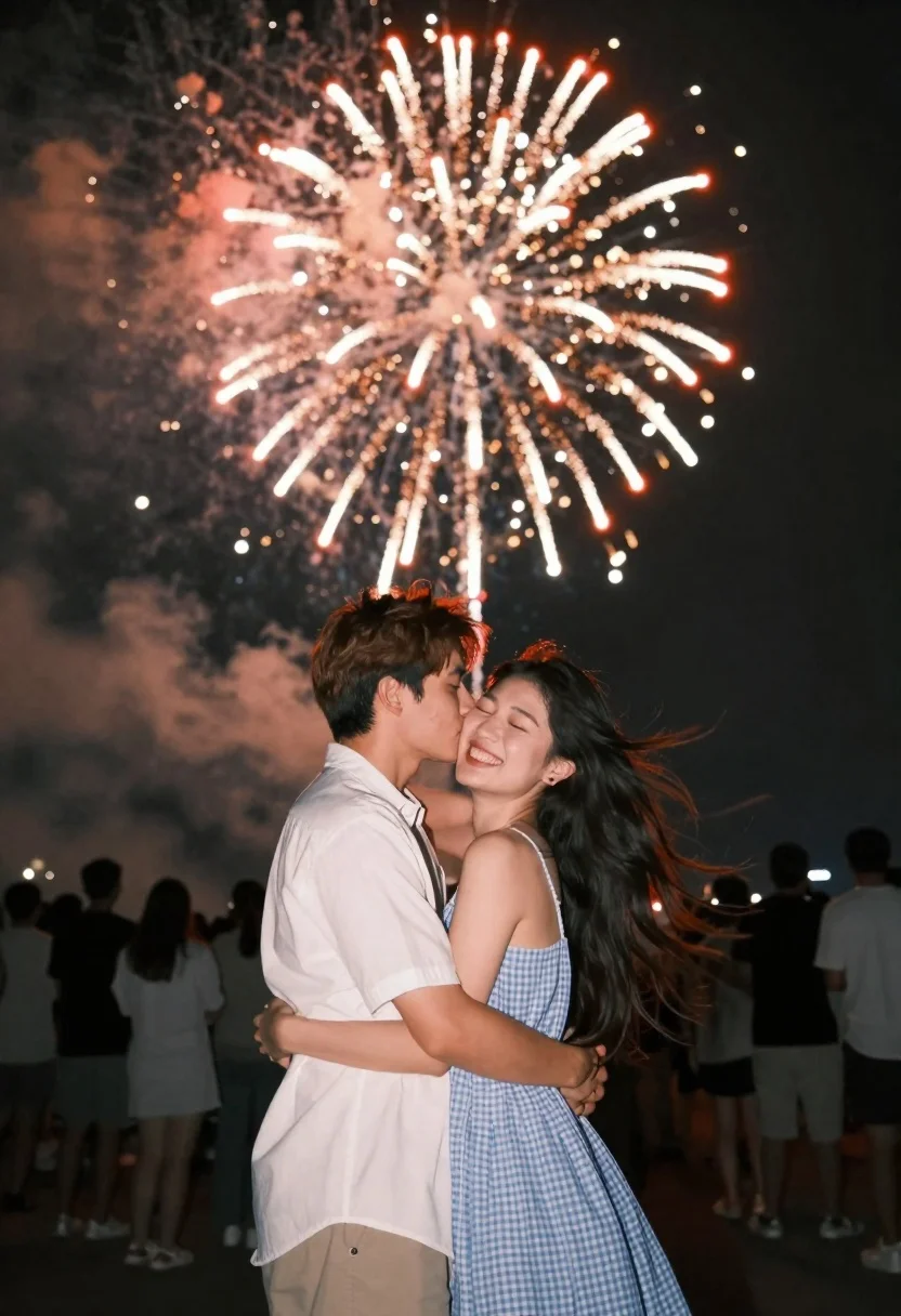 Romantic couple embracing under a large firework display at night - AI generated image prompt sample