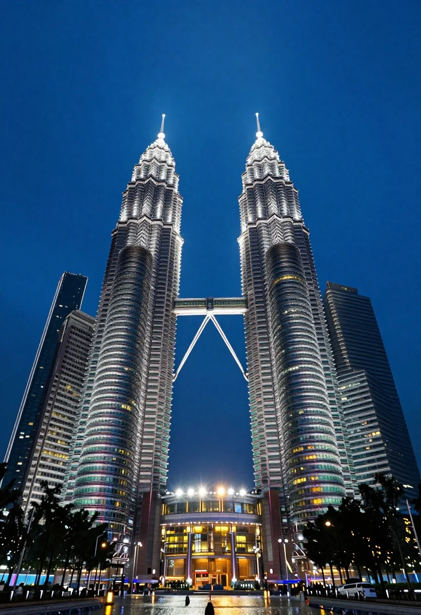 Low angle wide shot of illuminated petronas twin towers against blue twilight - AI generated image prompt sample