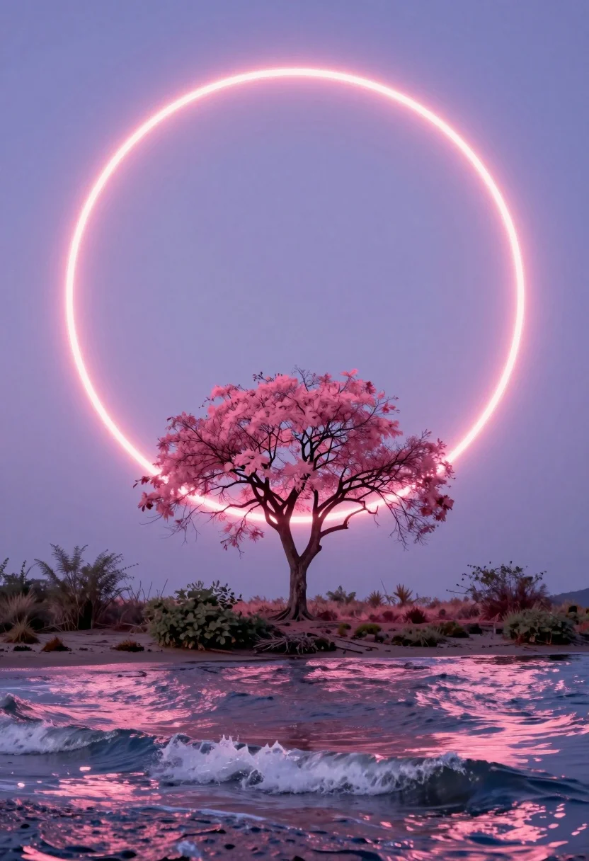 Surreal landscape featuring pink foliage tree by glowing concentric light ring - AI generated image prompt sample