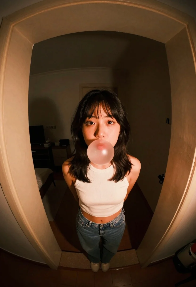 Young woman blowing bubblegum in arched doorway