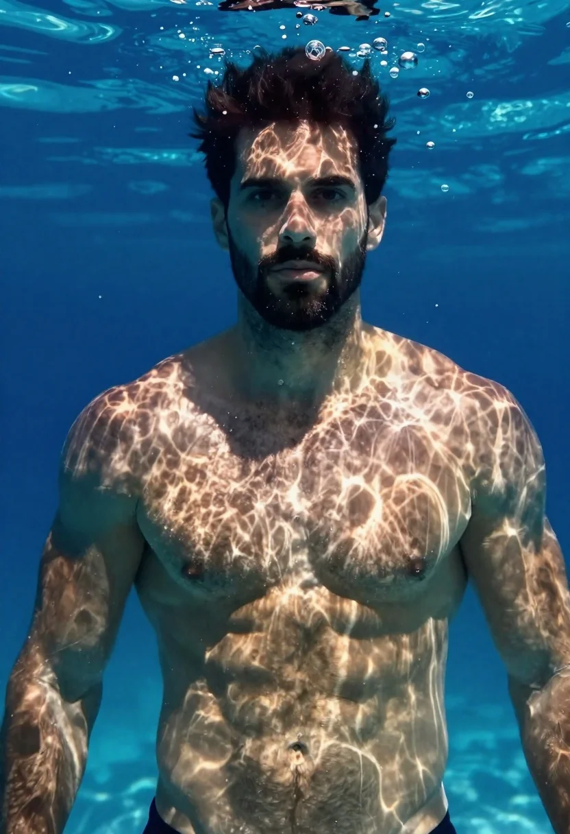Underwater portrait of muscular man with dark beard - AI generated image prompt sample