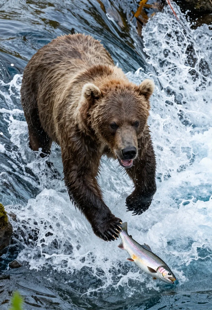 High angle shot of brown bear lunging through rushing river water after - AI generated image prompt sample