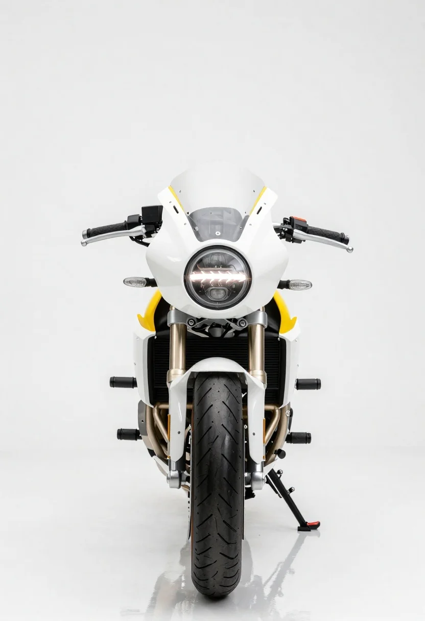 Futuristic cafe racer motorcycle in a studio setting - AI generated image prompt sample