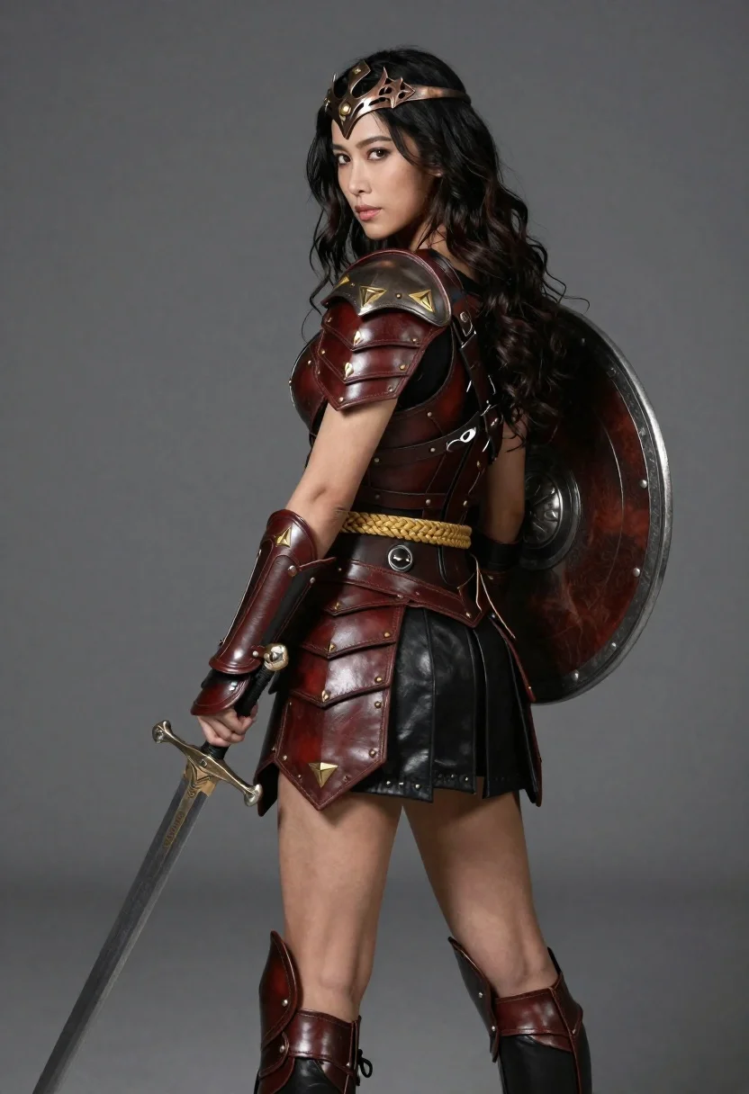 Female warrior portrait in detailed bronze and leather armor