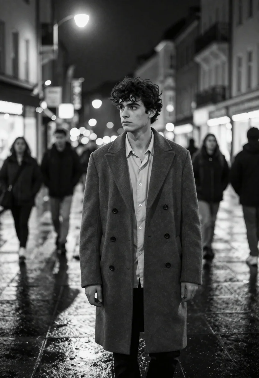 Young man in wool overcoat standing on wet city street at night - AI generated image prompt sample