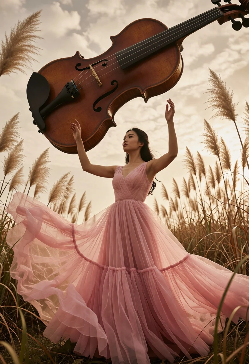 Woman in pink gown beneath floating violin amidst pampas grass - AI generated image prompt sample