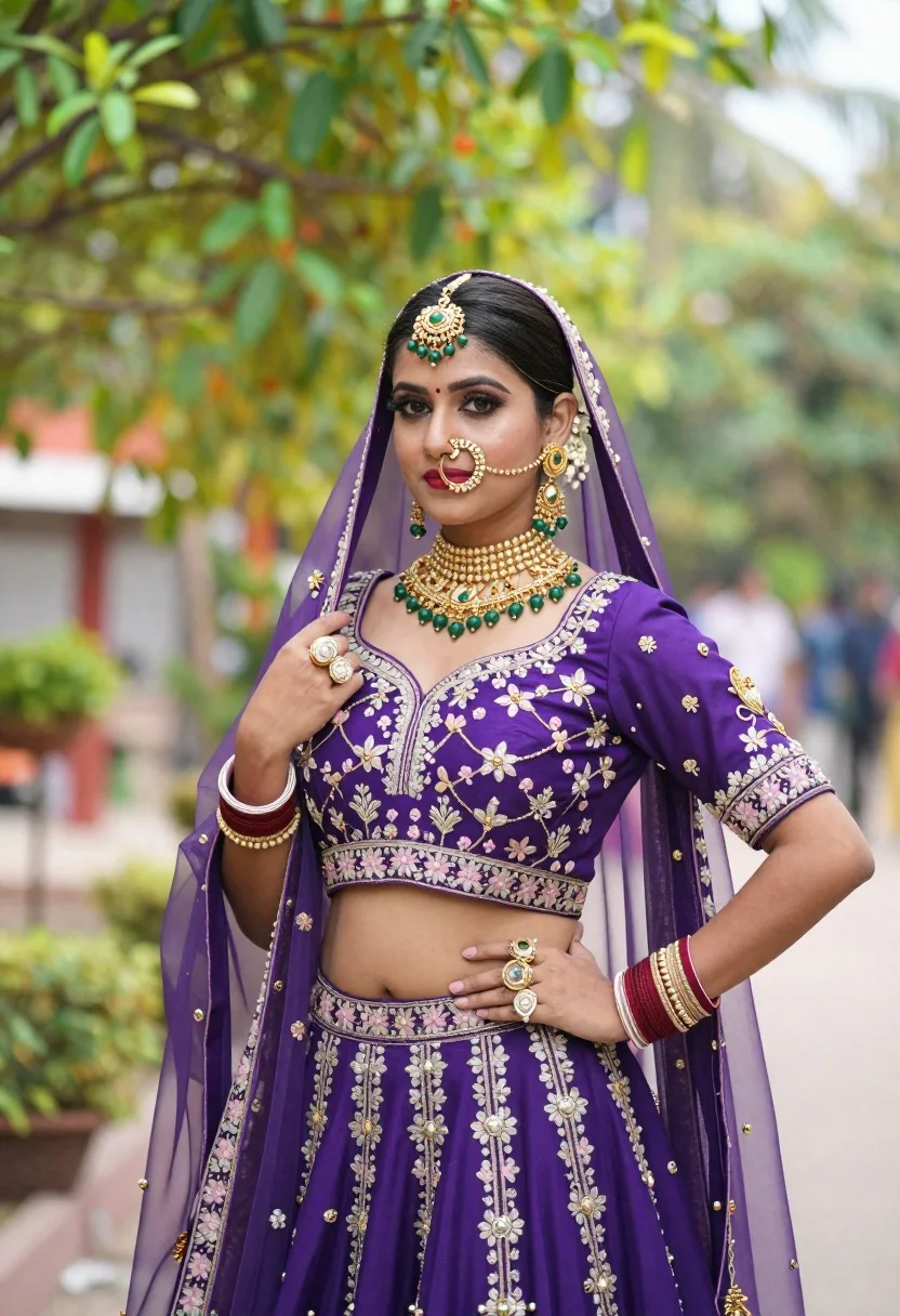 Young woman in purple embroidered bridal lehenga in a lush garden