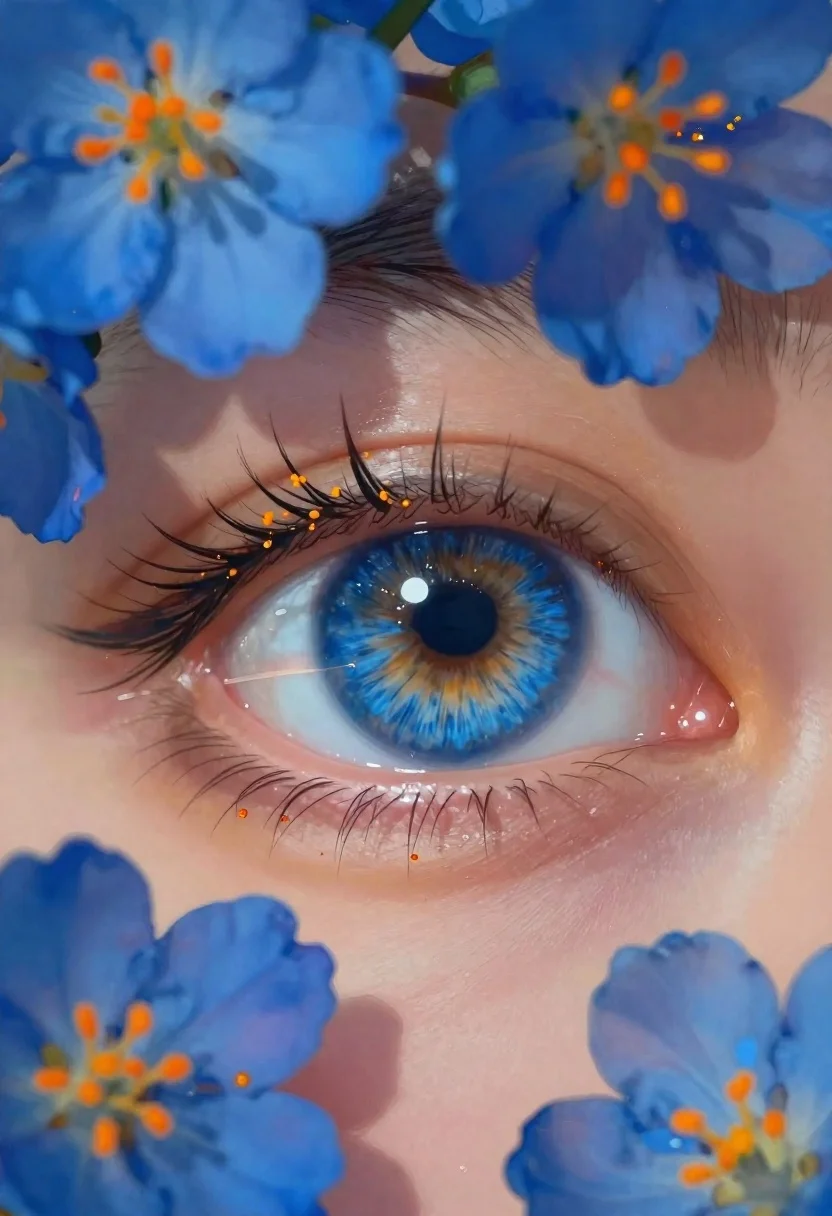 Close up of human eye surrounded by vibrant blue flowers