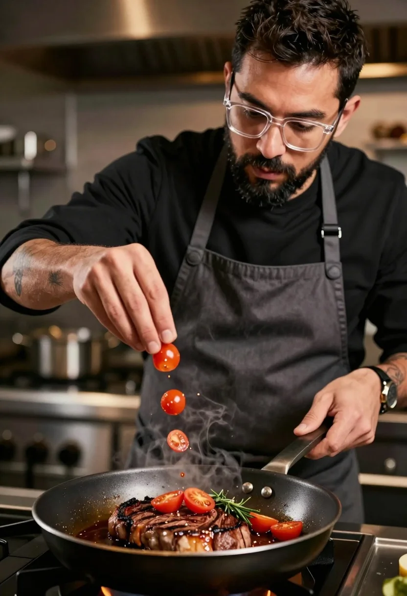 Close up cinematic shot of male chef seasoning searing steaks in professional - AI generated image prompt sample