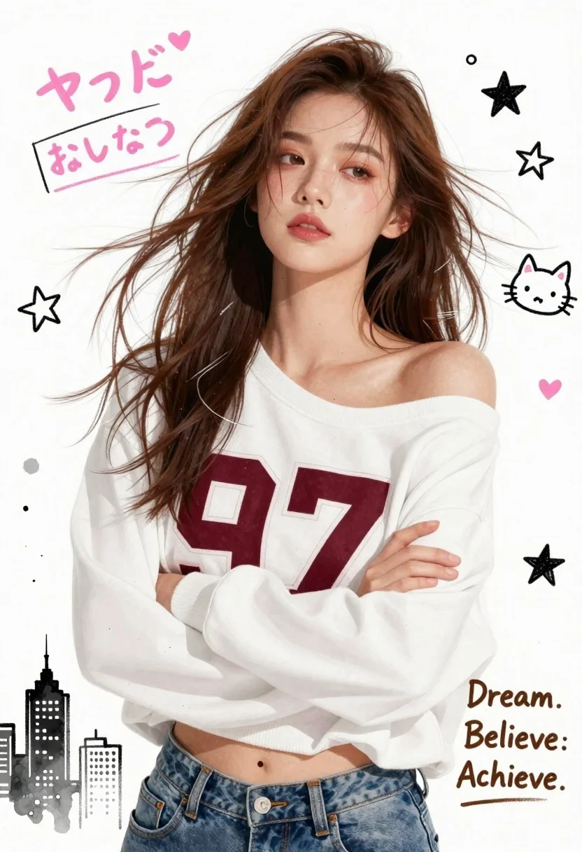 Young woman in white sweatshirt with crossed arms against illustrated doodle background - AI generated image prompt sample