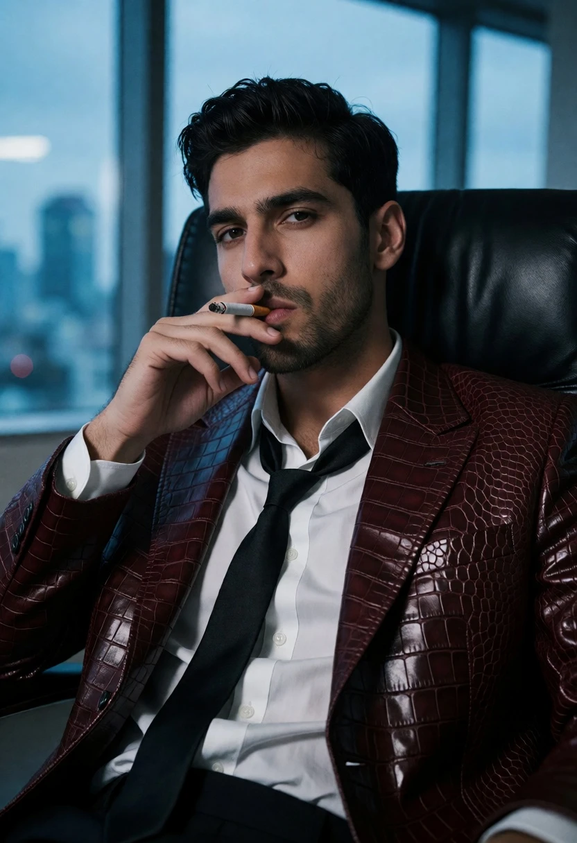 Man in maroon jacket seated in office chair overlooking blurred city skyline - AI generated image prompt sample