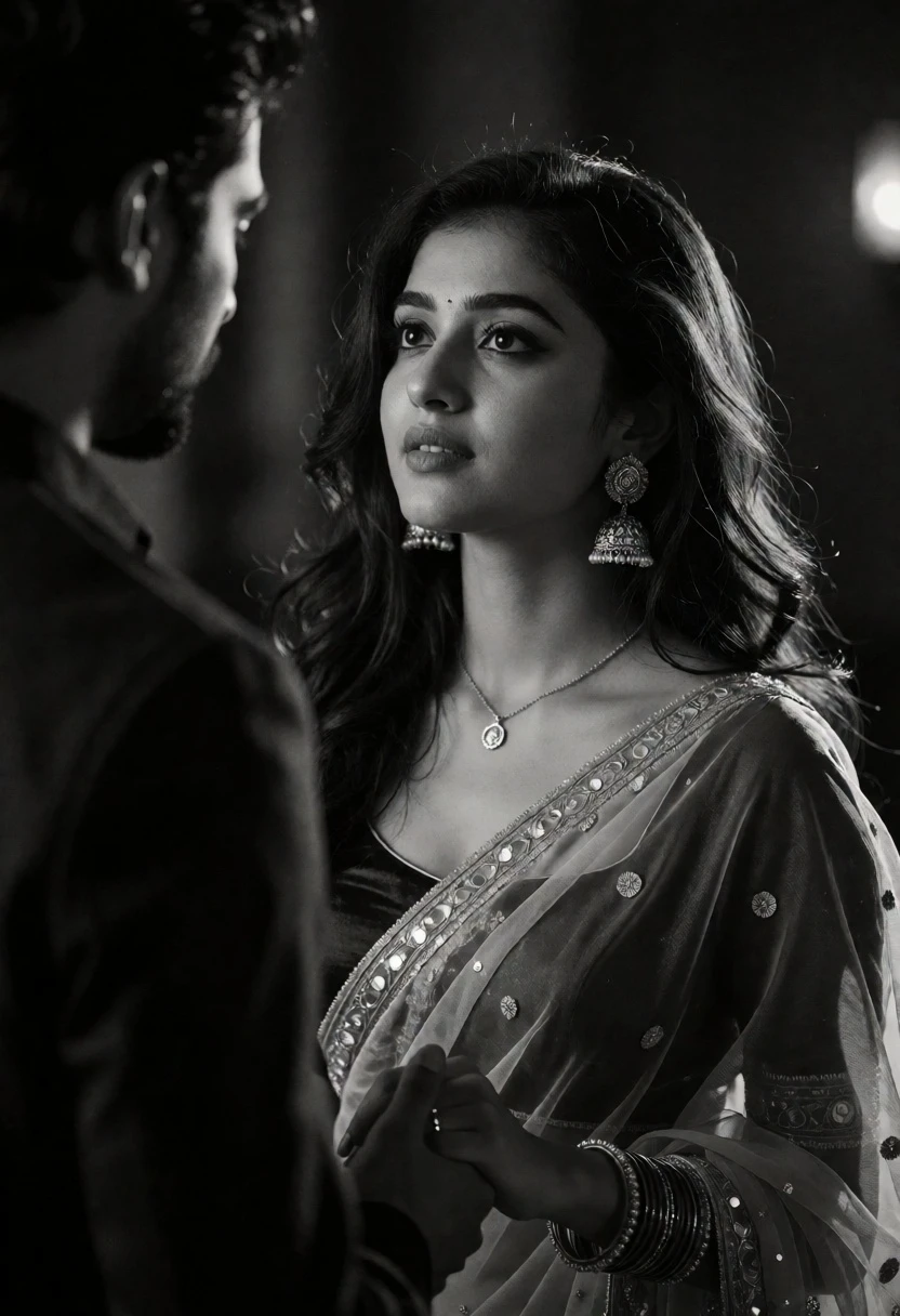 Cinematic black and white portrait of woman gazing at man from over - AI generated image prompt sample