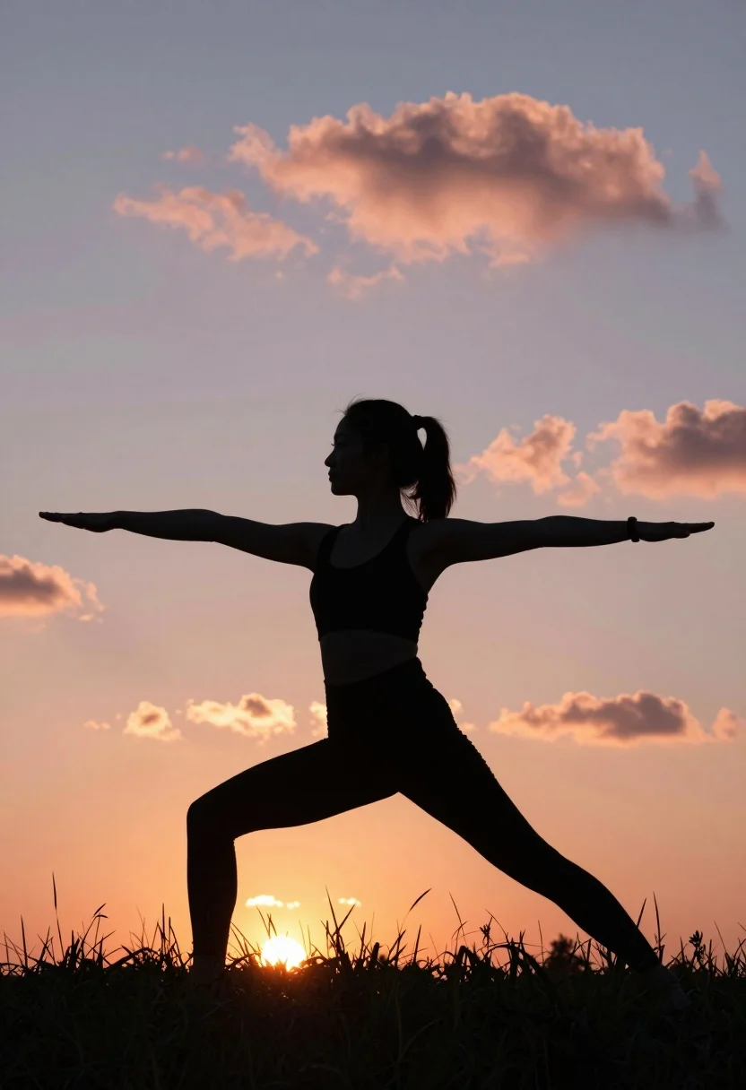 Silhouette of woman in yoga warrior pose against dramatic sunset sky - AI generated image prompt sample