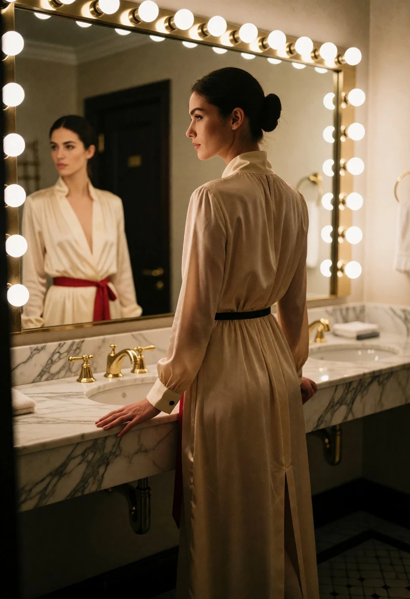 Woman in beige robe looking into a vanity mirror with bright bulbs - AI generated image prompt sample