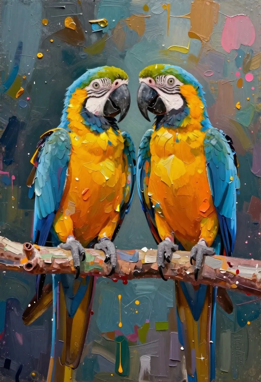Oil painting of macaws on a branch with textured background