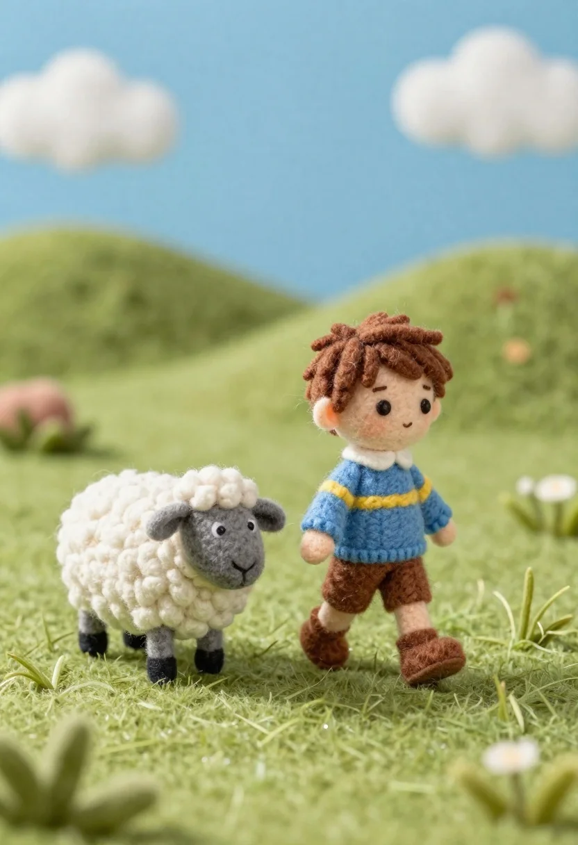 Felt toy boy walking with sheep on a grassy hill under blue - AI generated image prompt sample