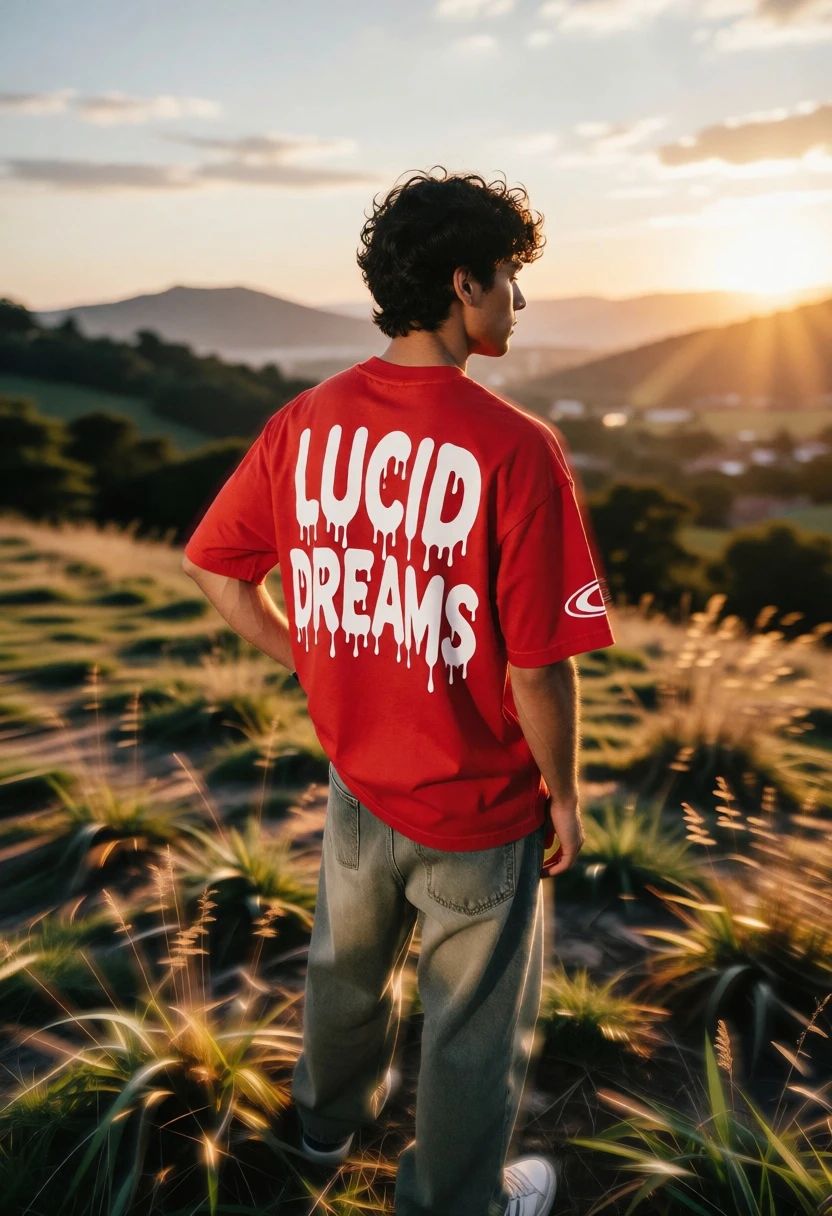 Young man viewed from behind on grassy hilltop at golden hour overlooking - AI generated image prompt sample