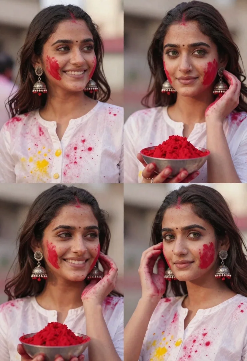 Portrait collage of young woman celebrating holi festival with red powder - AI generated image prompt sample